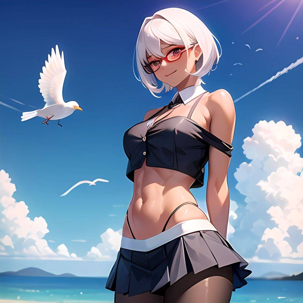 1girl Aircraft Bird Breasts Cloud Cloudy Sky Cowboy Shot Curtsey Dark Skinned Female Dark Skin Day Flashing Glasses Looking At, 4251629040 - AIHentai - #main