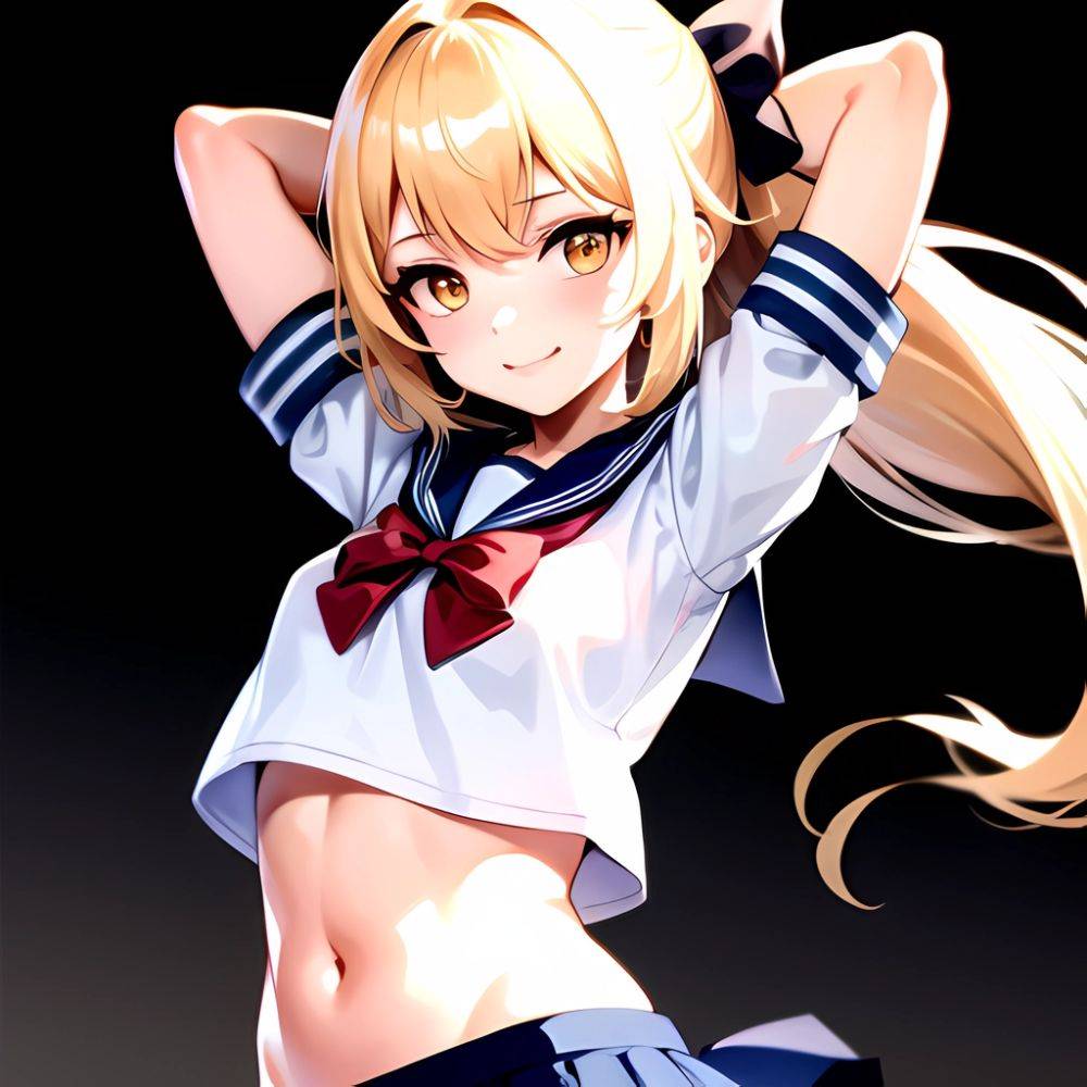 1girl Arms Up Arms Behind Head Blonde Hair Blue Skirt Bow Crop Top Crop Top Overhang Genshin Impact Gradient Background, 940538066 - AIHentai - #main