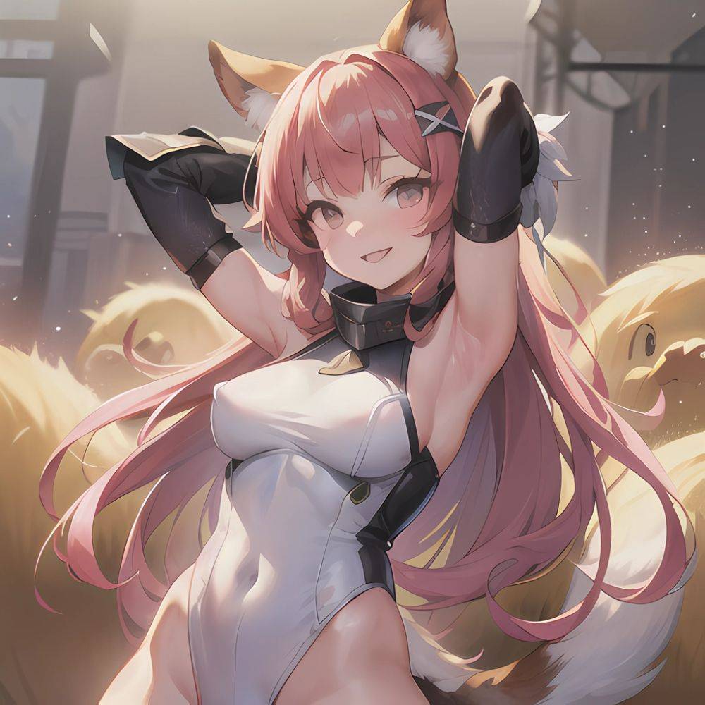 1girl Absurdres Animal Ear Fluff Animal Ears Arknights Arms Behind Head Chest Armor Covered Navel Gravel Arknights Highleg Highl, 4016391691 - AIHentai - #main