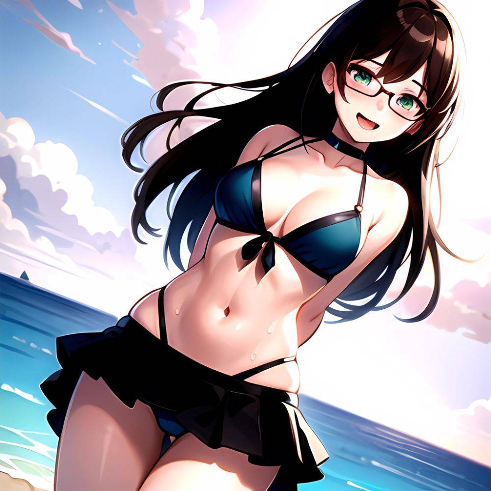1girl D Bikini Bikini Bottom Aside Bikini Skirt Black Choker Blush Breasts Brown Hair Choker Cleavage Clothing Aside Front Tie, 551827740 - AIHentai - #main