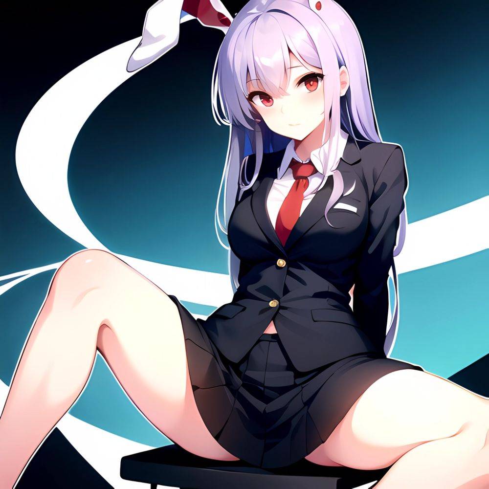 Ai Assisted Breasts Highres Medium Breasts Red Eyes Reisen Udongein Inaba Sitting Spread Legs Touhou Arms Behind Back White Outl, 3152313513 - AIHentai - #main