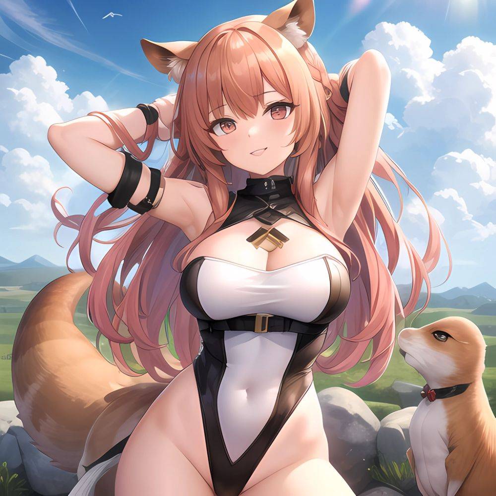 1girl Absurdres Animal Ear Fluff Animal Ears Arknights Arms Behind Head Chest Armor Covered Navel Gravel Arknights Highleg Highl, 2992330095 - AIHentai - #main