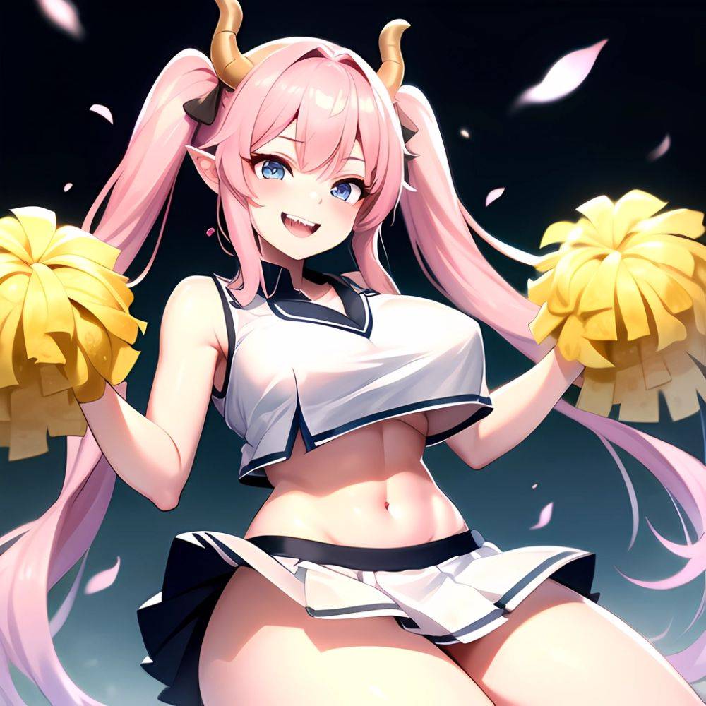 1girl Absurdres White Skirt Whitefrok Breasts Cheerleader Dragon Girl Dragon Horns Highres Holding Holding Pom Poms Horns Huge B, 3546877282 - AIHentai - #main