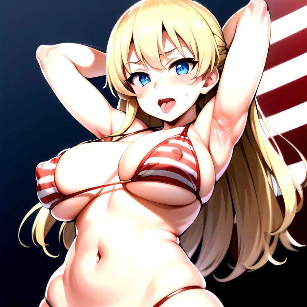 1girl American Flag Bikini Armpits Arms Behind Head Bikini Blonde Hair Blue Eyes Blush Breasts Covered Erect Nipples Flag Print, 3719651323 - AIHentai - #main