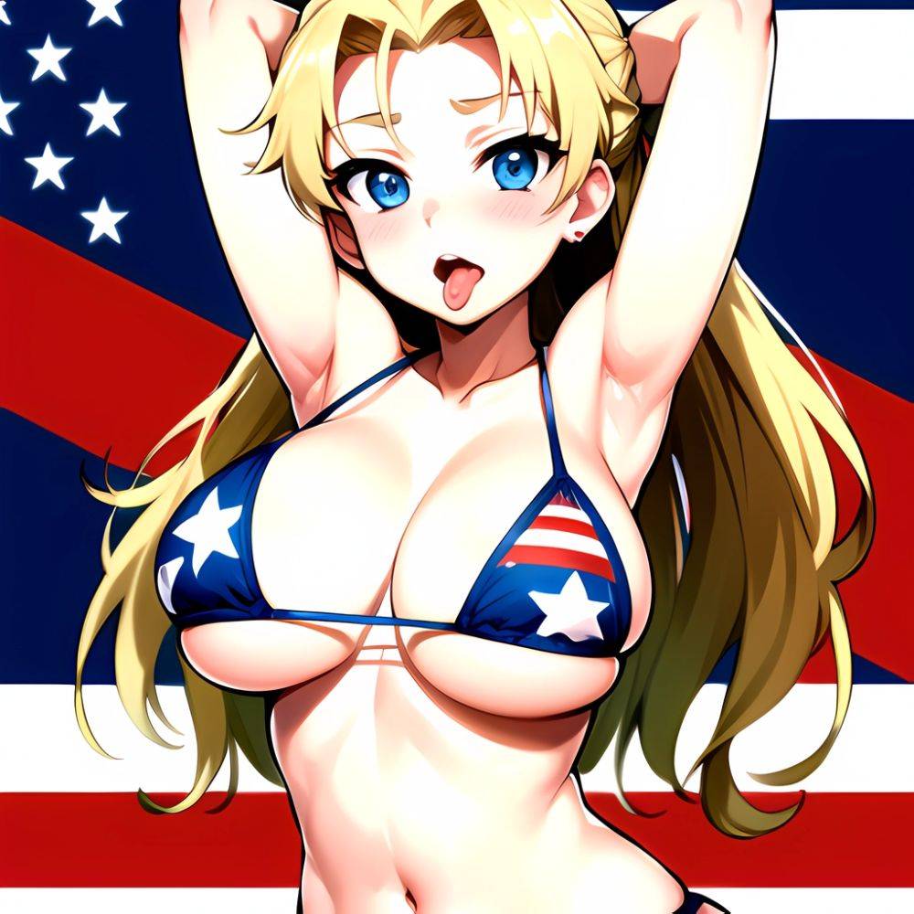 1girl American Flag Bikini Armpits Arms Behind Head Bikini Blonde Hair Blue Eyes Blush Breasts Covered Erect Nipples Flag Print, 133416415 - AIHentai - #main