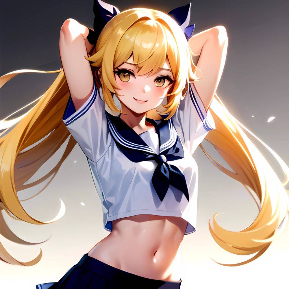 1girl Arms Up Arms Behind Head Blonde Hair Blue Skirt Bow Crop Top Crop Top Overhang Genshin Impact Gradient Background, 3154062066 - AIHentai - #main