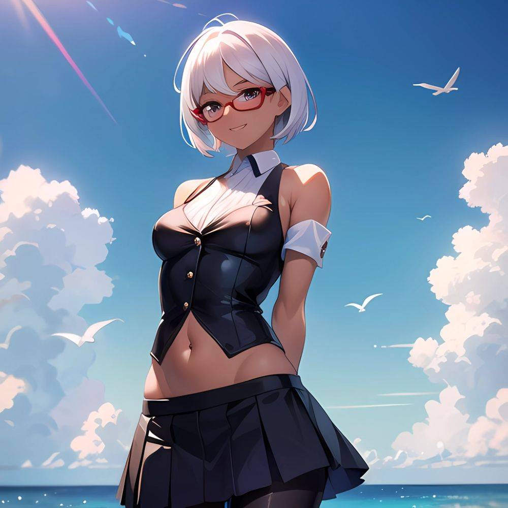 1girl Aircraft Bird Breasts Cloud Cloudy Sky Cowboy Shot Curtsey Dark Skinned Female Dark Skin Day Flashing Glasses Looking At, 1328130815 - AIHentai - #main