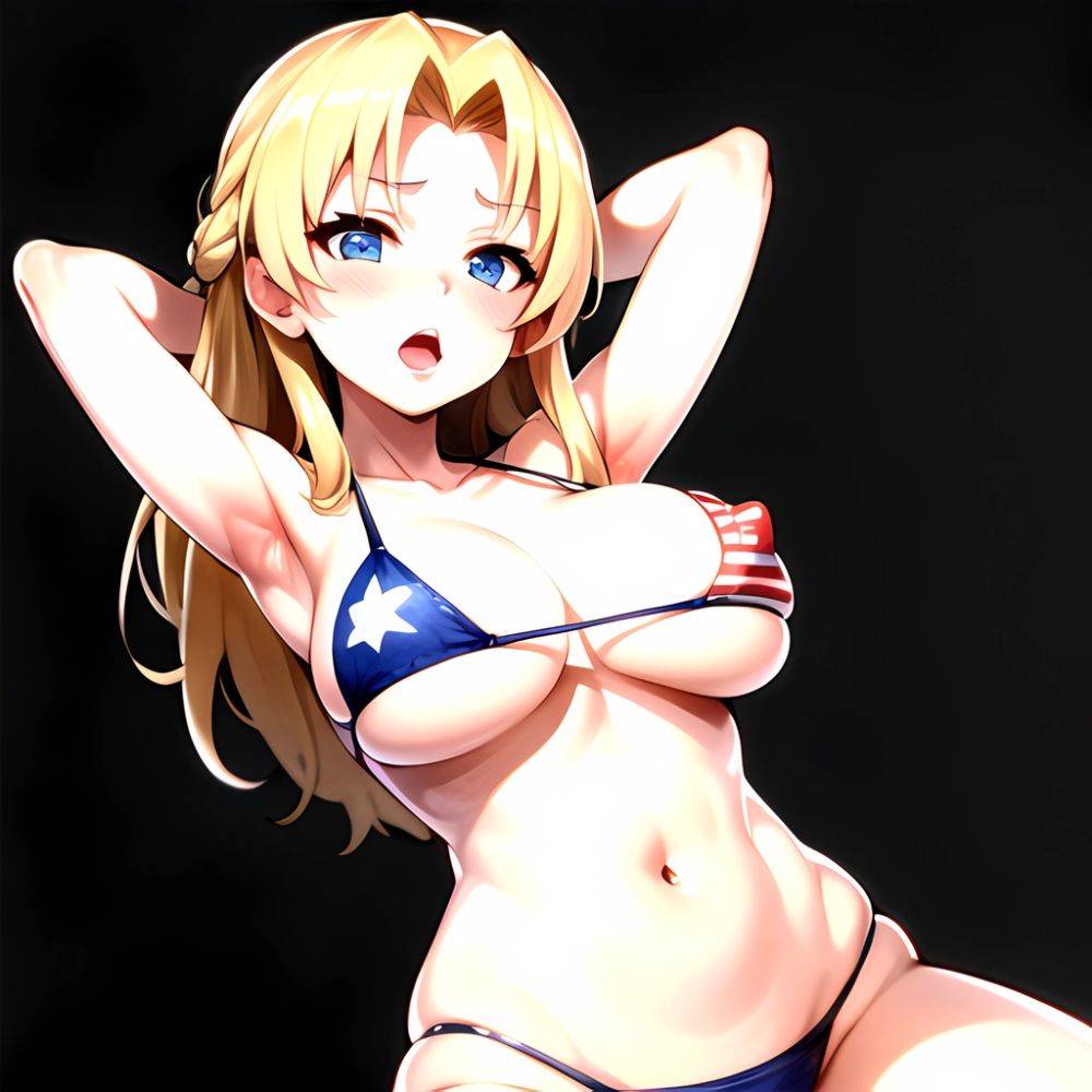 1girl American Flag Bikini Armpits Arms Behind Head Bikini Blonde Hair Blue Eyes Blush Breasts Covered Erect Nipples Flag Print, 2412842333 - AIHentai - #main