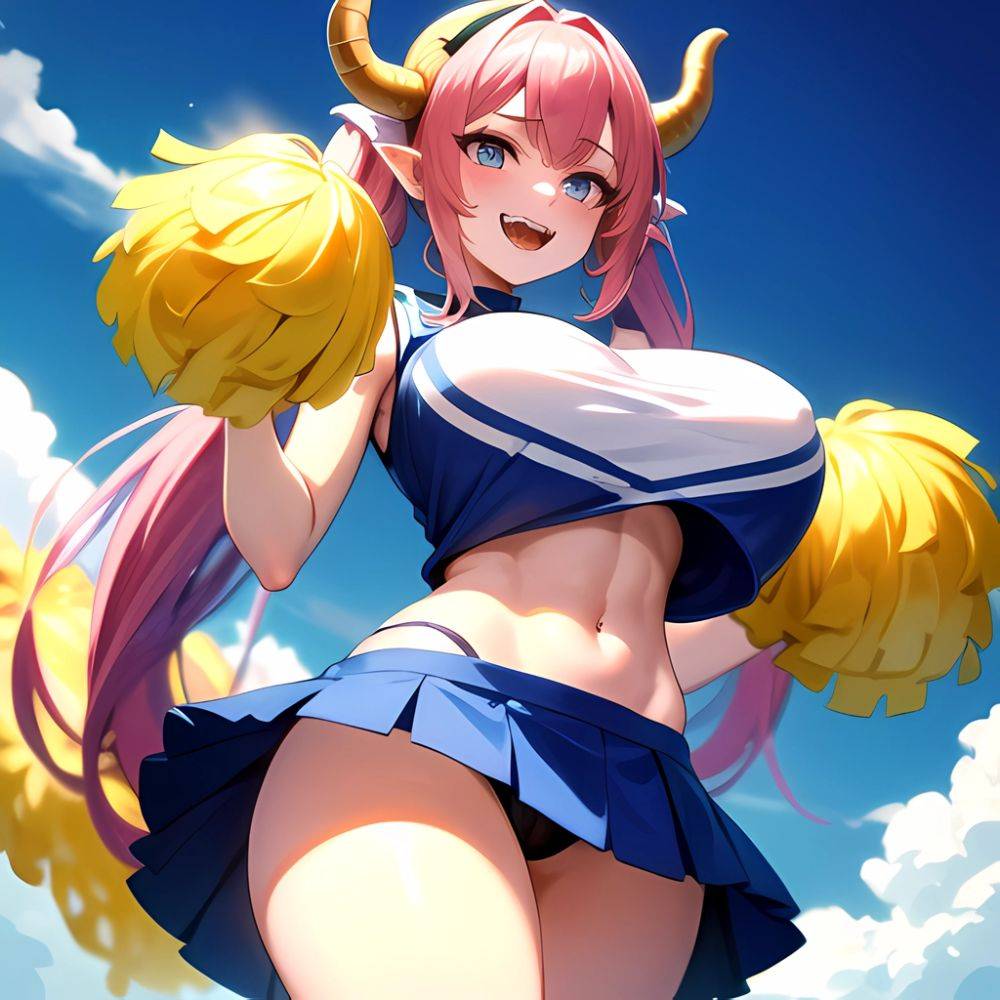 1girl Absurdres Blue Skirt Bluefrok Breasts Cheerleader Dragon Girl Dragon Horns Highres Holding Holding Pom Poms Horns Huge Bre, 461409862 - AIHentai - #main