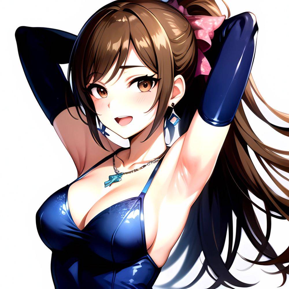 1girl Absurdres Armpits Arms Up Ayase Honoka Black Gloves Blue Bow Blue Dress Blush Bow Breasts Brown Eyes Brown Hair, 2030296518 - AIHentai - #main