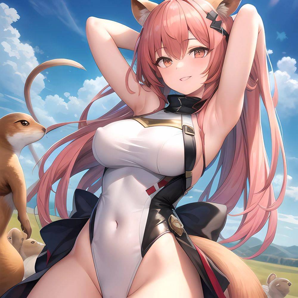 1girl Absurdres Animal Ear Fluff Animal Ears Arknights Arms Behind Head Chest Armor Covered Navel Gravel Arknights Highleg Highl, 4026907060 - AIHentai - #main