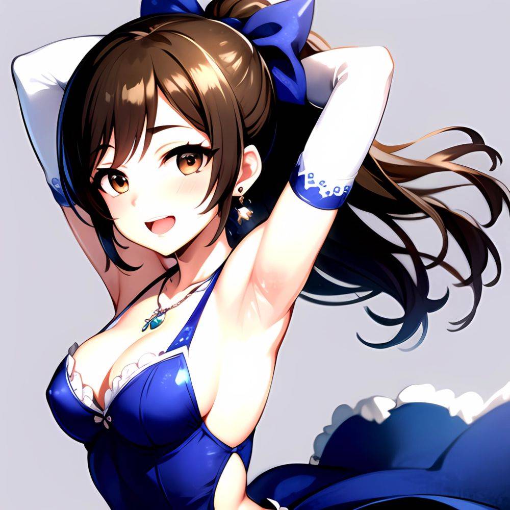 1girl Absurdres Armpits Arms Up Ayase Honoka Black Gloves Blue Bow Blue Dress Blush Bow Breasts Brown Eyes Brown Hair, 1019257000 - AIHentai - #main