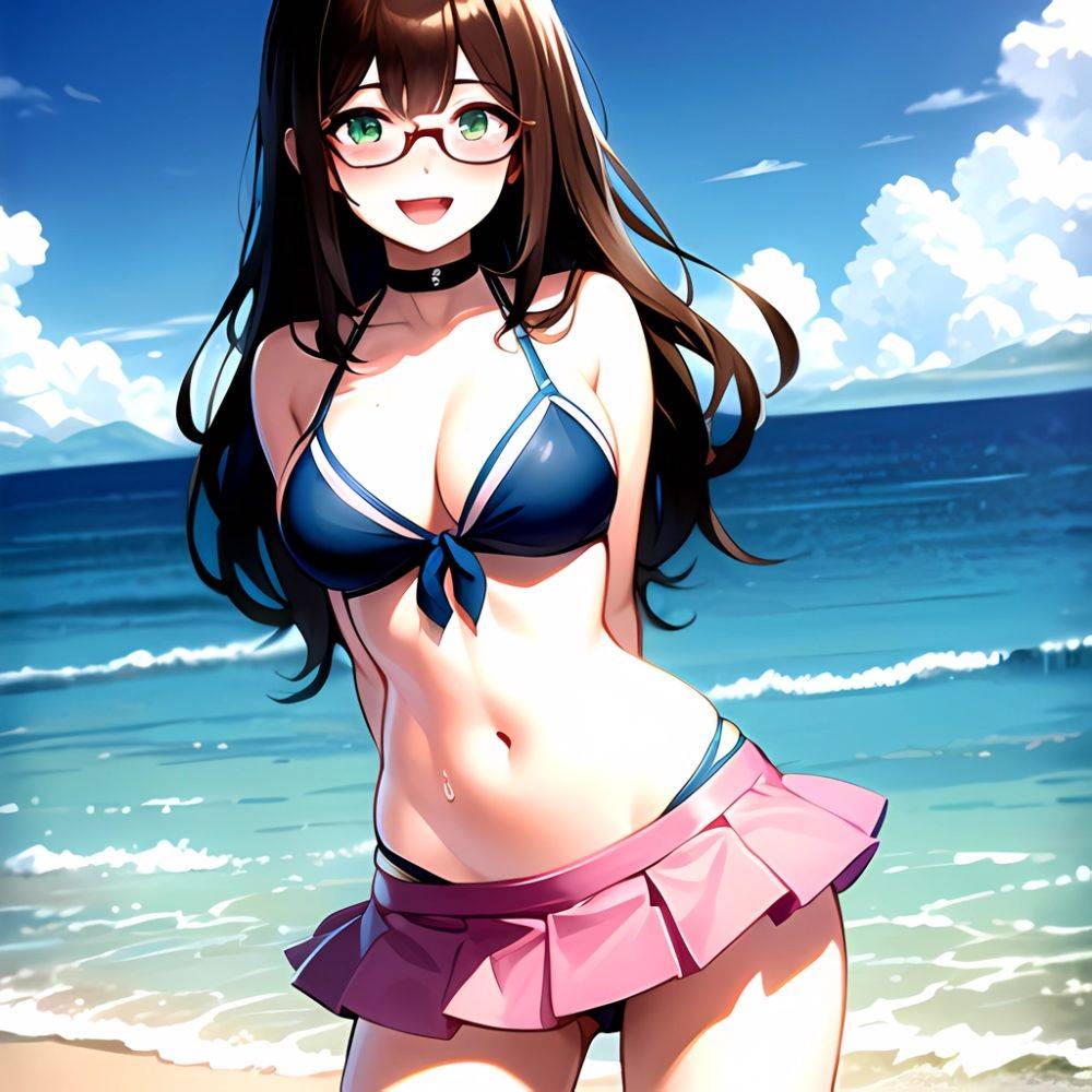 1girl D Bikini Bikini Bottom Aside Bikini Skirt Black Choker Blush Breasts Brown Hair Choker Cleavage Clothing Aside Front Tie, 2886333476 - AIHentai - #main