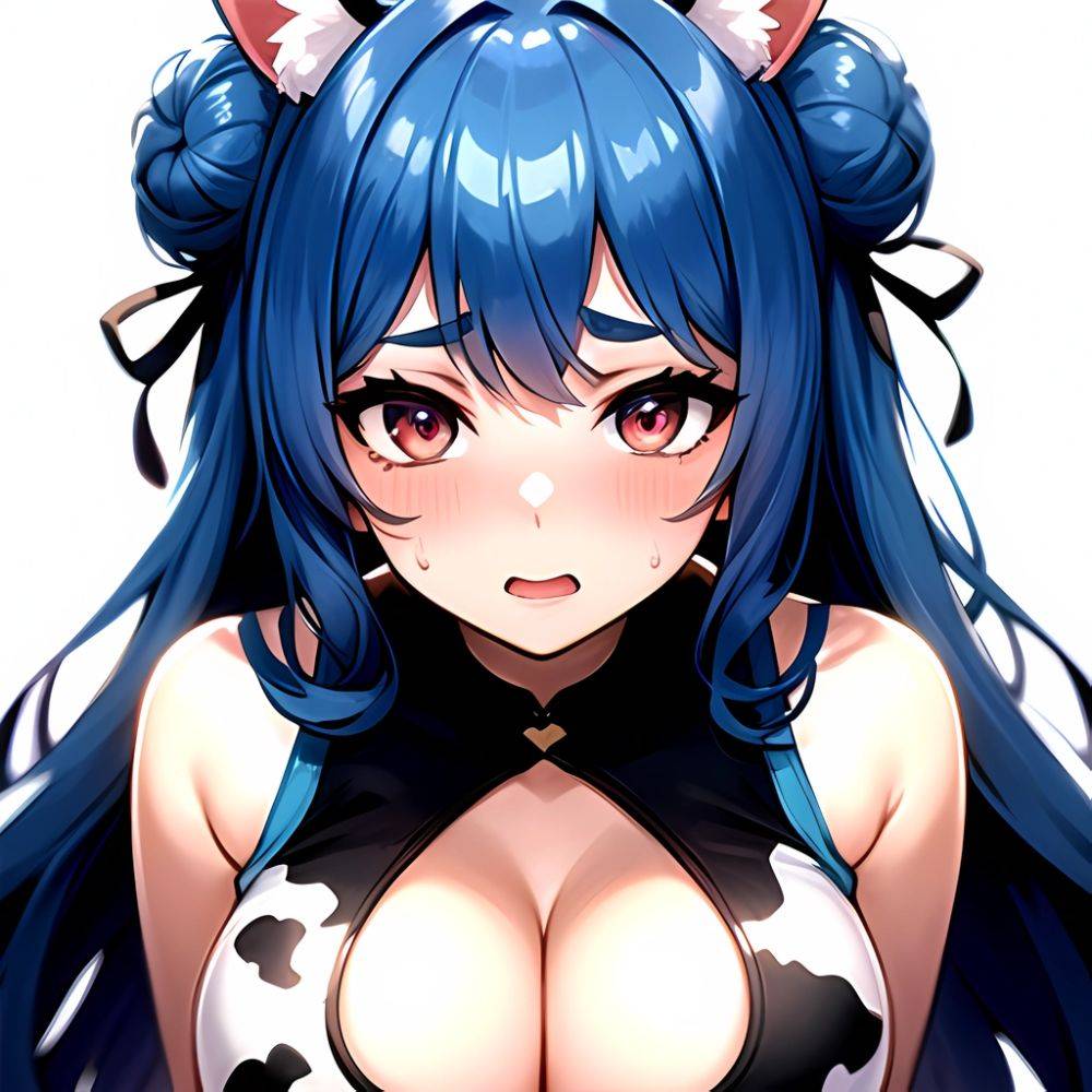 1girl Alternate Breast Size Animal Ear Fluff Animal Ears Animal Print Blue Hair Blush Breasts Cleavage Cutout Clothing Cutout Co, 381242200 - AIHentai - #main