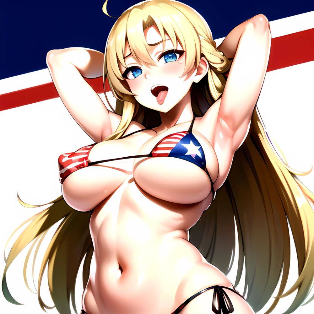 1girl American Flag Bikini Armpits Arms Behind Head Bikini Blonde Hair Blue Eyes Blush Breasts Covered Erect Nipples Flag Print, 1550813045 - AIHentai - #main