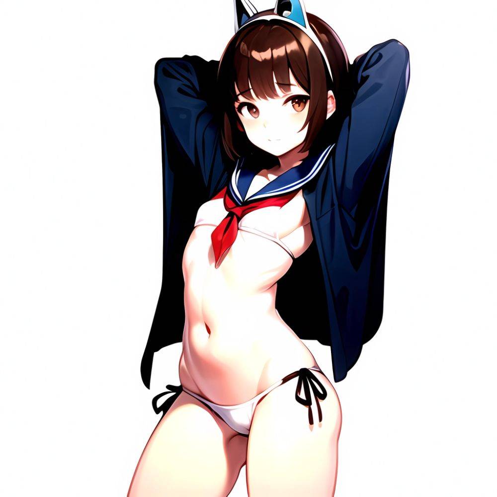 1girl Arms Up Arms Behind Head Bikini Bob Cut Brown Eyes Brown Hair Commentary Request Cosplay Cowboy Shot Flat Chest, 3003874846 - AIHentai - #main