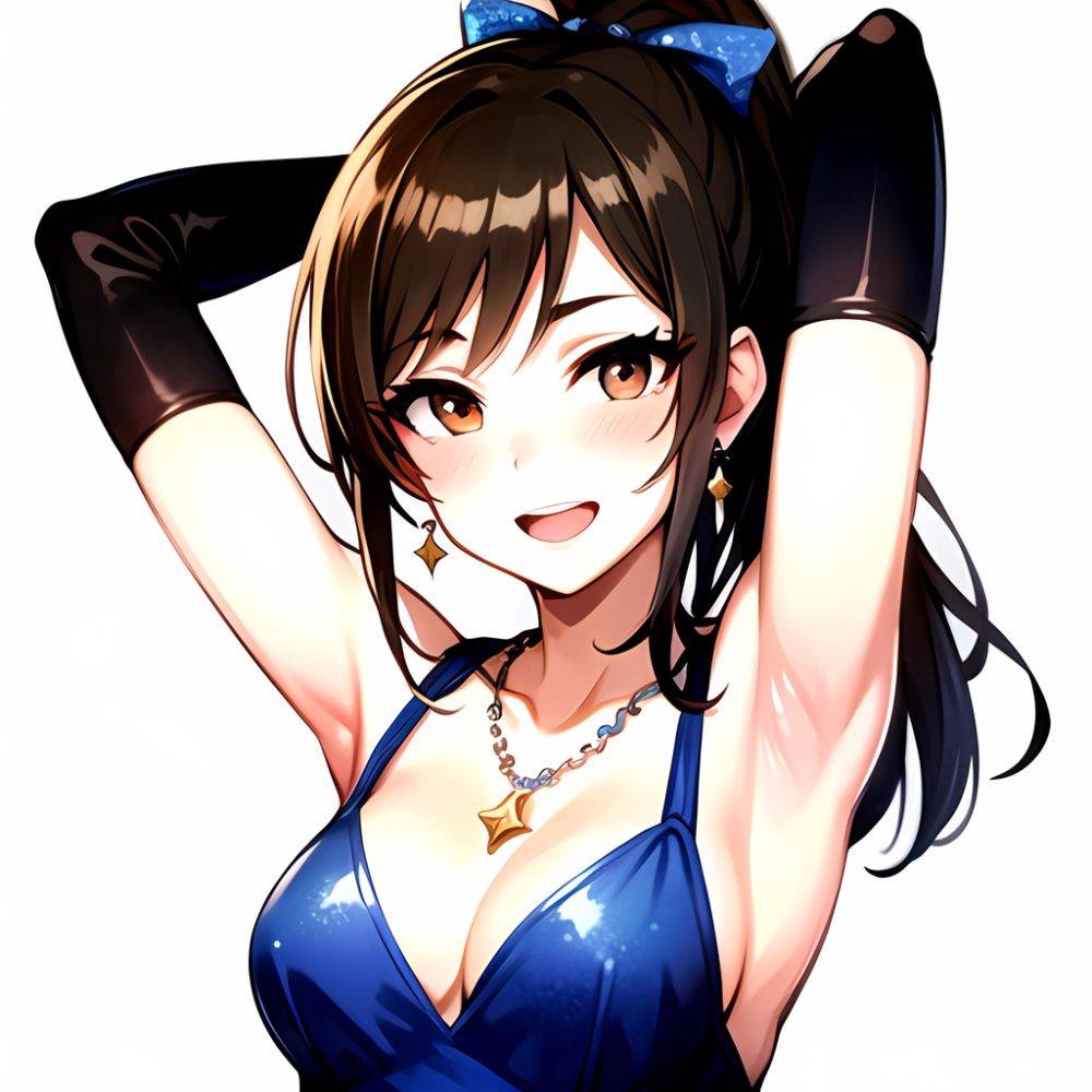 1girl Absurdres Armpits Arms Up Ayase Honoka Black Gloves Blue Bow Blue Dress Blush Bow Breasts Brown Eyes Brown Hair, 1680935008 - AIHentai - #main