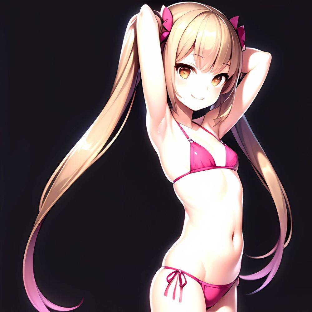 1girl Armpits Arms Behind Head Bikini Brown Eyes Brown Hair Cowboy Shot Dot Nose Flat Chest From Side Hair Ornament, 3217332473 - AIHentai - #main