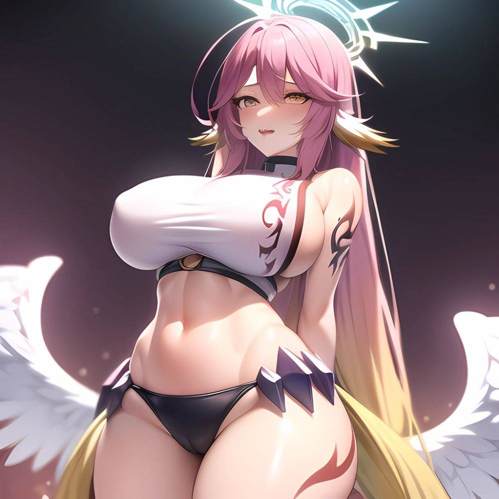 Jibril Anime Absurdres Long Hair Pink Hair Halo Large Breasts Tattoo Cleavage Sideboob Midriff Asymmetrical Legwear Mismatched L, 922139805 - AIHentai - #main