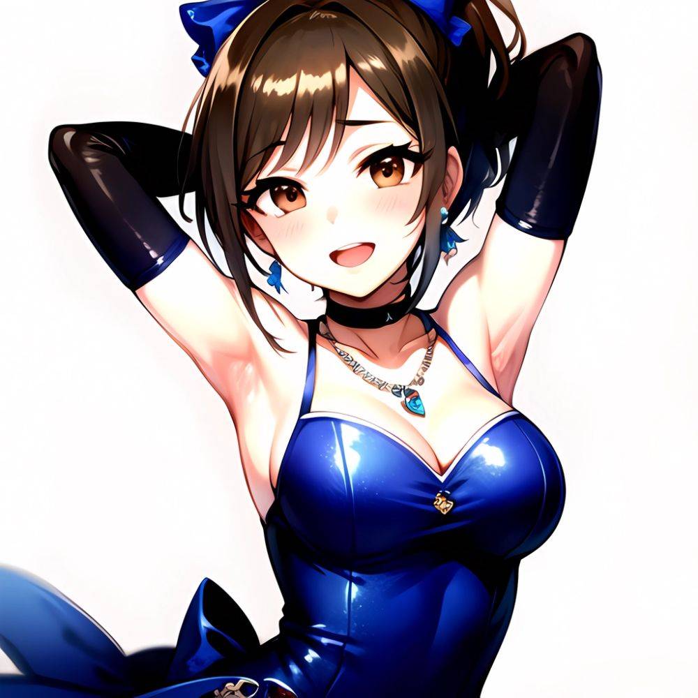 1girl Absurdres Armpits Arms Up Ayase Honoka Black Gloves Blue Bow Blue Dress Blush Bow Breasts Brown Eyes Brown Hair, 3750196913 - AIHentai - #main