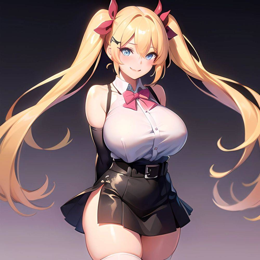 1girl Aymusk Belt Black Skirt Blonde Hair Blue Eyes Blush Bow Bowtie Breasts Curvy Elbow Gloves Fang Gloves Gradient Background, 3987711077 - AIHentai - #main