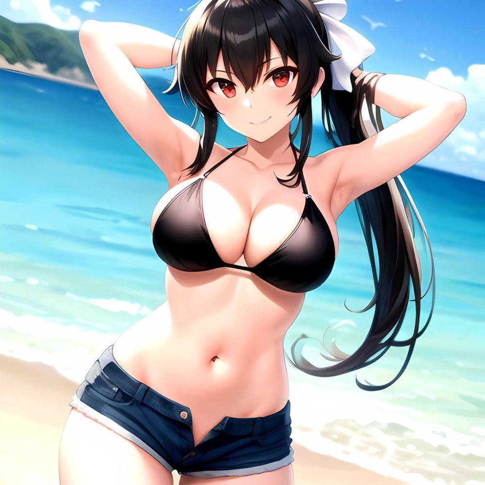 1girl Arms Behind Head Armpits Beach Bikini Bikini Under Shorts Black Bikini Black Hair Blurry Blurry Background Breasts Cleavag, 1459909257 - AIHentai - #main