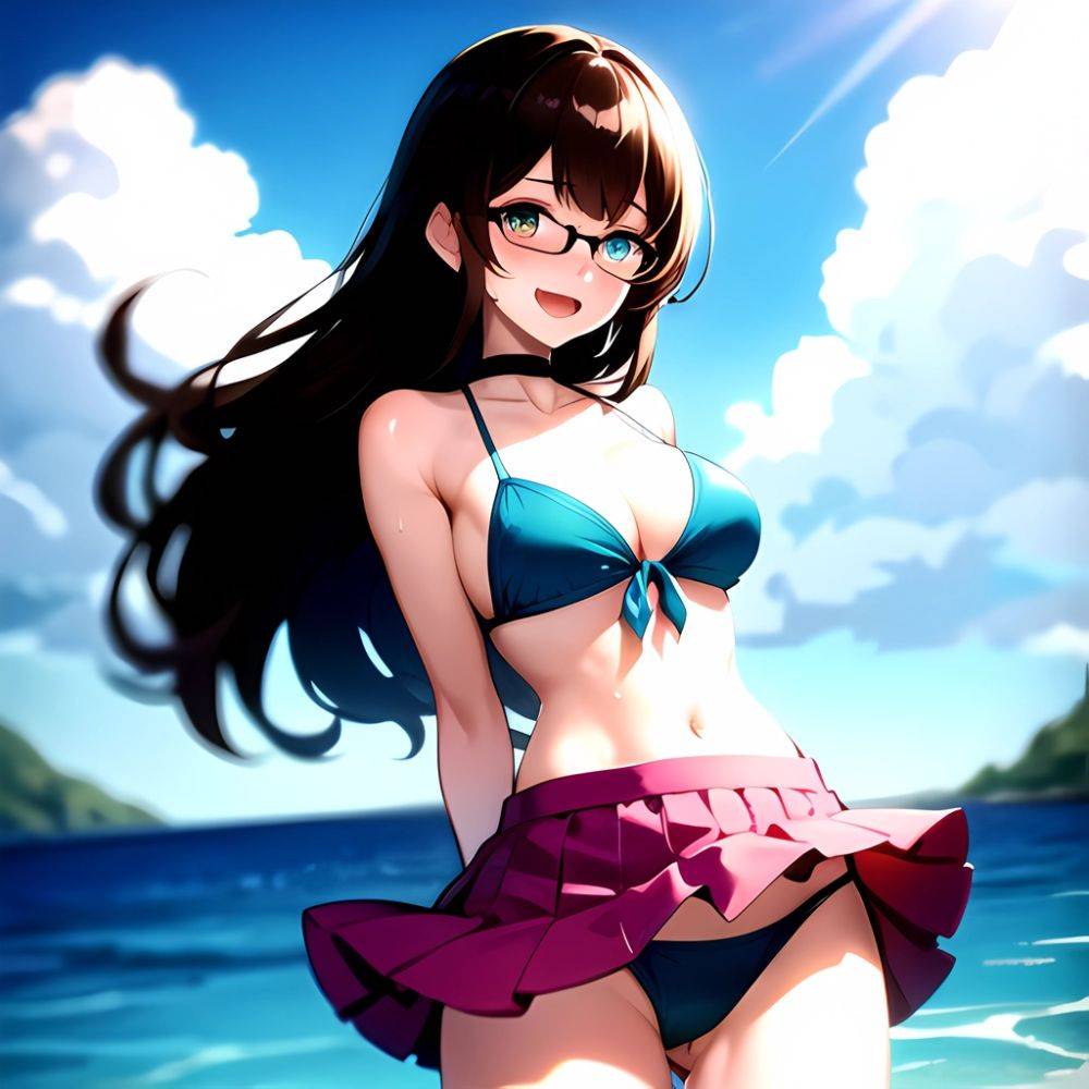 1girl D Bikini Bikini Bottom Aside Bikini Skirt Black Choker Blush Breasts Brown Hair Choker Cleavage Clothing Aside Front Tie, 837971295 - AIHentai - #main