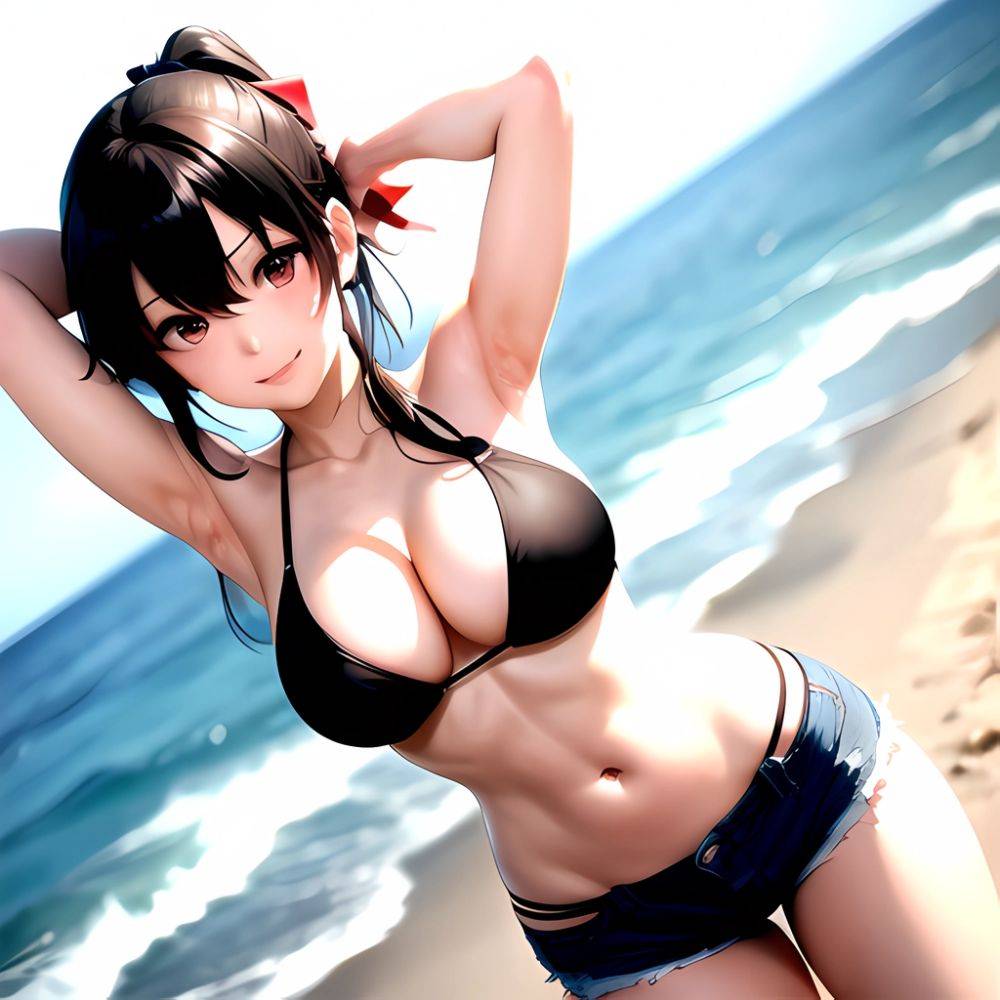 1girl Arms Behind Head Armpits Beach Bikini Bikini Under Shorts Black Bikini Black Hair Blurry Blurry Background Breasts Cleavag, 3184066947 - AIHentai - #main