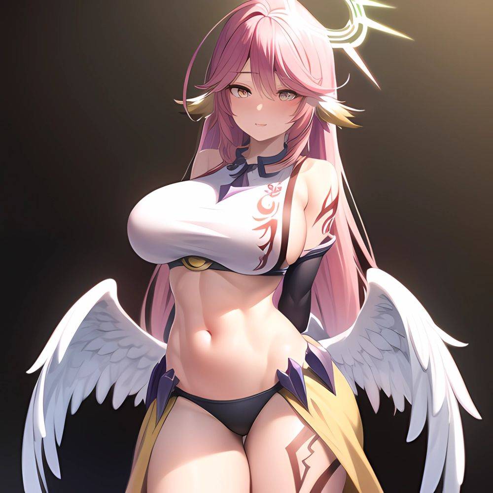 Jibril Anime Absurdres Long Hair Pink Hair Halo Large Breasts Tattoo Cleavage Sideboob Midriff Asymmetrical Legwear Mismatched L, 1105057659 - AIHentai - #main