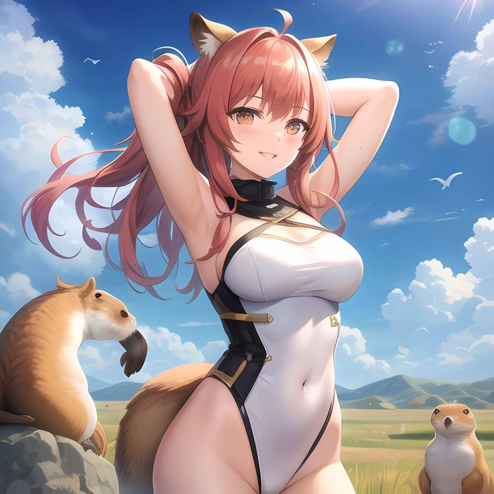 1girl Absurdres Animal Ear Fluff Animal Ears Arknights Arms Behind Head Chest Armor Covered Navel Gravel Arknights Highleg Highl, 3119127957 - AIHentai - #main