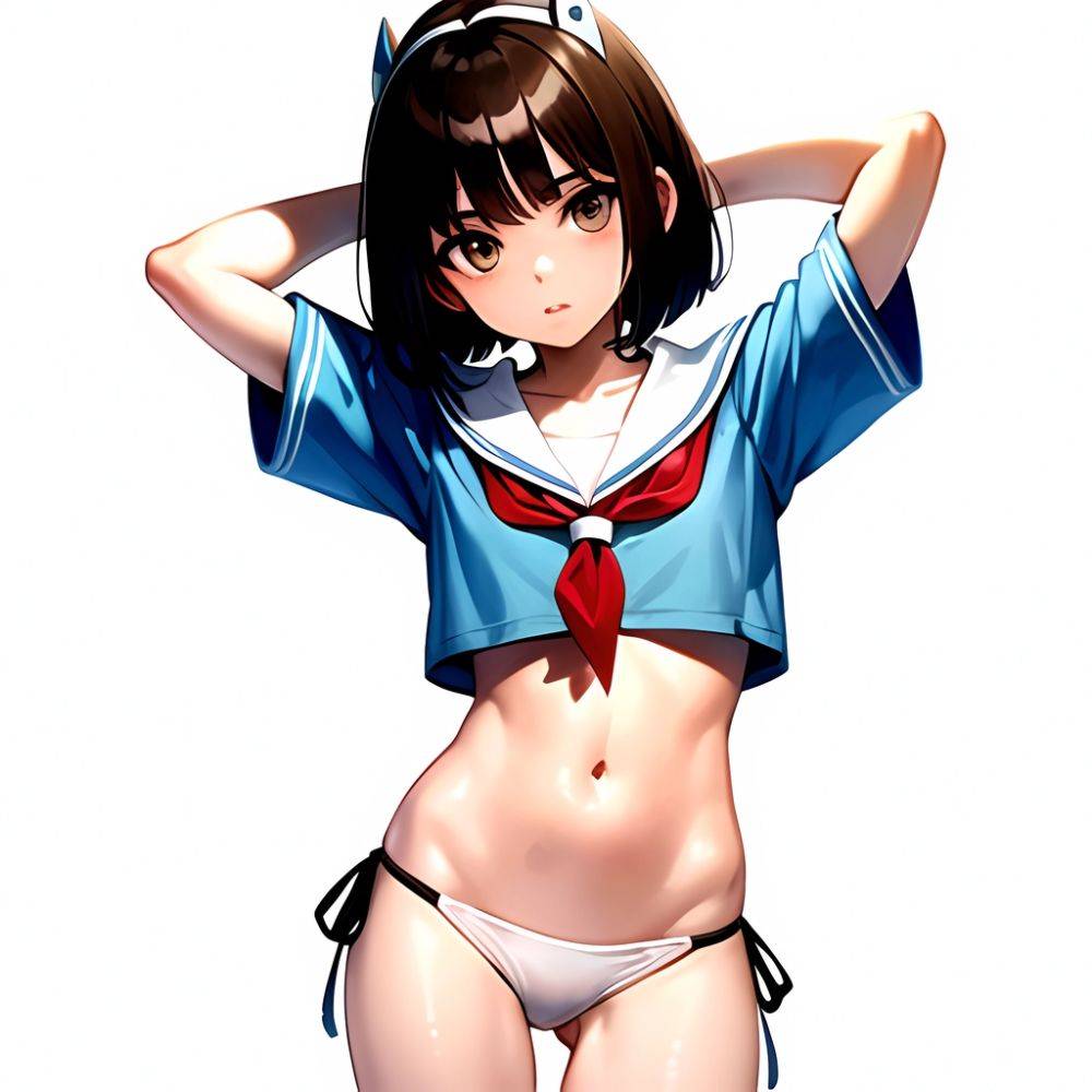 1girl Arms Up Arms Behind Head Bikini Bob Cut Brown Eyes Brown Hair Cosplay Cowboy Shot Flat Chest Headgear Inverted, 644076544 - AIHentai - #main