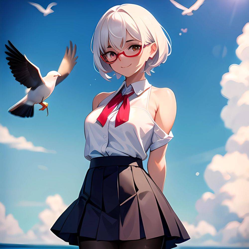 1girl Aircraft Bird Breasts Cloud Cloudy Sky Cowboy Shot Curtsey Dark Skinned Female Dark Skin Day Flashing Glasses Looking At, 3411973879 - AIHentai - #main