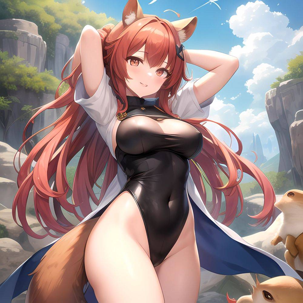 1girl Absurdres Animal Ear Fluff Animal Ears Arknights Arms Behind Head Chest Armor Covered Navel Gravel Arknights Highleg Highl, 404685215 - AIHentai - #main