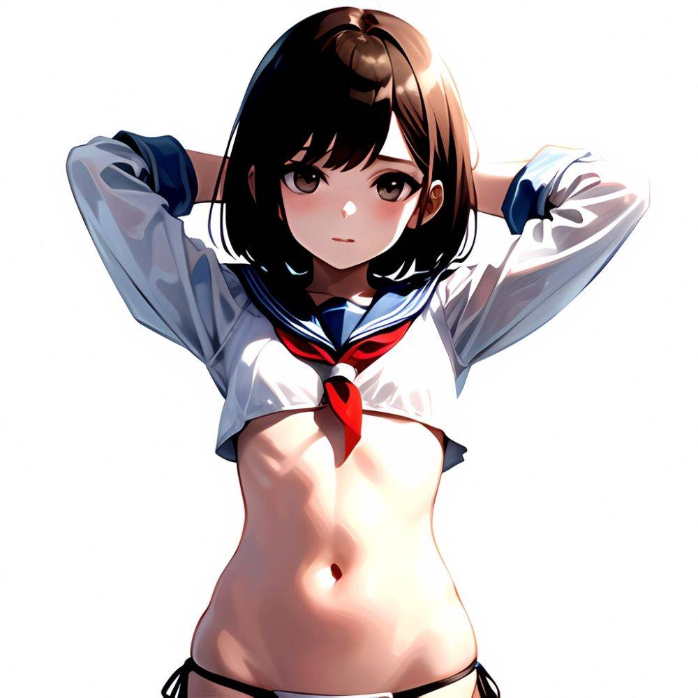 1girl Arms Up Arms Behind Head Bikini Bob Cut Brown Eyes Brown Hair Cosplay Cowboy Shot Flat Chest Headgear Inverted, 707032028 - AIHentai - #main