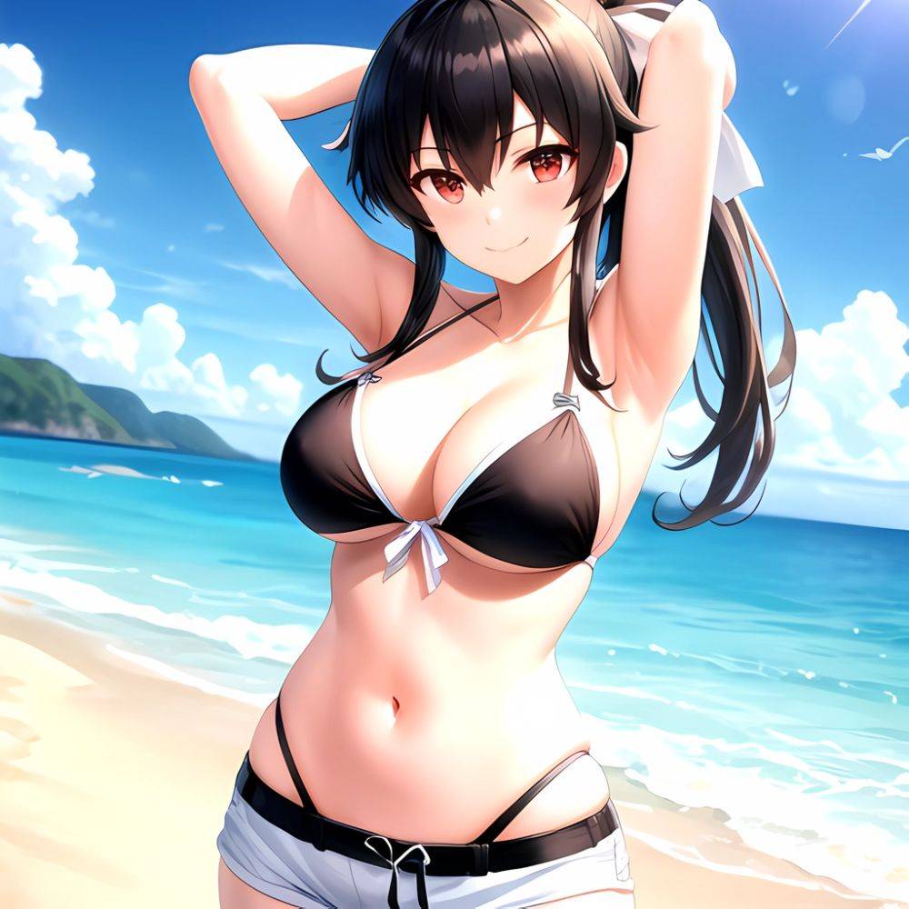 1girl Arms Behind Head Armpits Beach Bikini Bikini Under Shorts Black Bikini Black Hair Blurry Blurry Background Breasts Cleavag, 2997009290 - AIHentai - #main