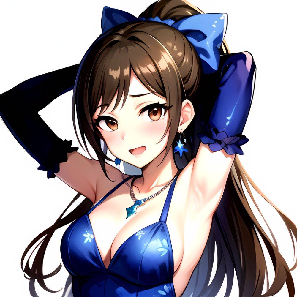 1girl Absurdres Armpits Arms Up Ayase Honoka Black Gloves Blue Bow Blue Dress Blush Bow Breasts Brown Eyes Brown Hair, 4224814864 - AIHentai - #main