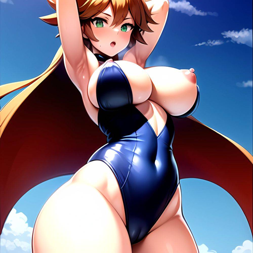 1girl Armpits Back Bare Legs Bikini Blush Breasts Covered Navel Cowboy Shot Creatures Company Female Focus Game Freak Green Eyes, 1395305557 - AIHentai - #main