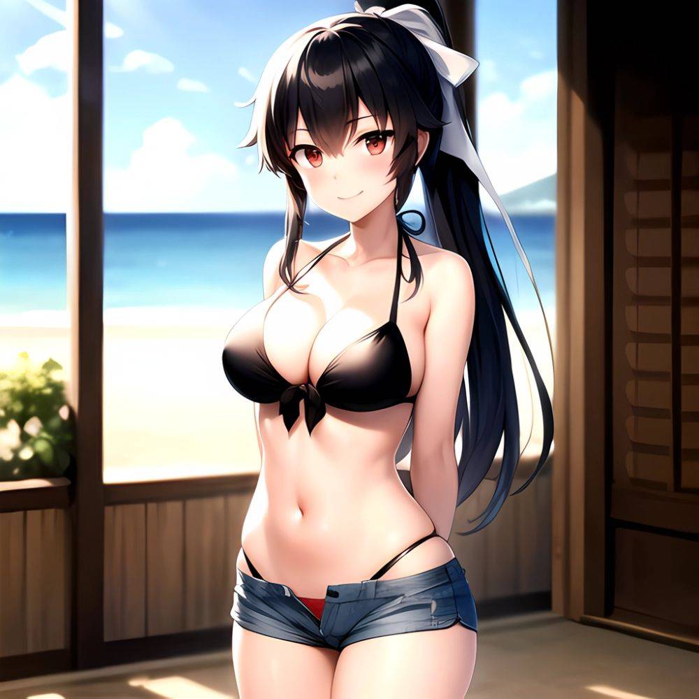 1girl Arms Behind Back Beach Bikini Bikini Under Shorts Black Bikini Black Hair Blurry Blurry Background Breasts Cleavage Closed, 650081024 - AIHentai - #main