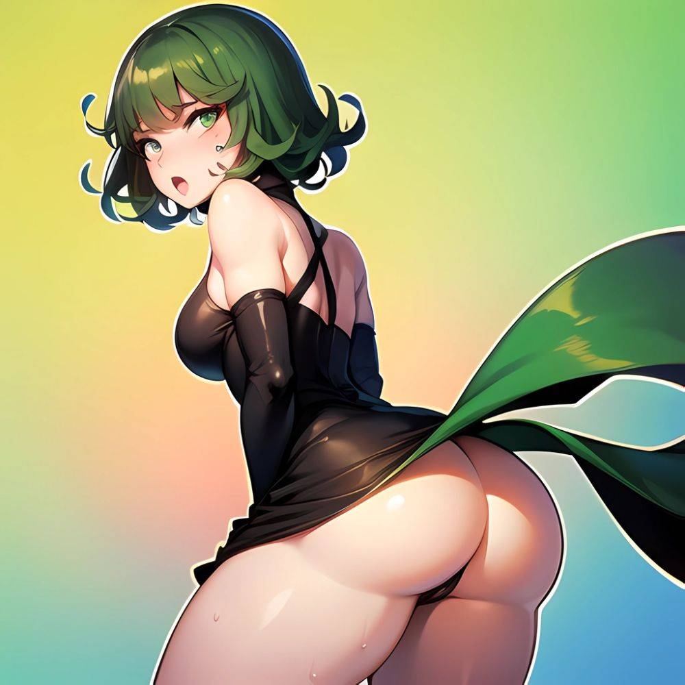 1girl Anger Vein Ass Ass Focus Black Dress Blush Dress From Behind Gradient Background Green Background Green Eyes Green Hair, 234364884 - AIHentai - #main