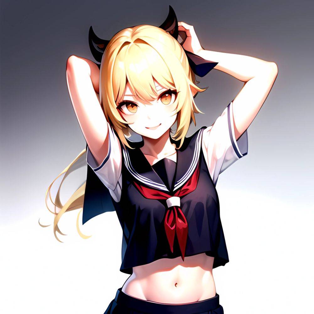 1girl Arms Up Arms Behind Head Blonde Hair Blue Skirt Bow Crop Top Crop Top Overhang Genshin Impact Gradient Background, 1472432727 - AIHentai - #main