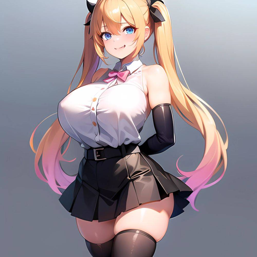 1girl Aymusk Belt Black Skirt Blonde Hair Blue Eyes Blush Bow Bowtie Breasts Curvy Elbow Gloves Fang Gloves Gradient Background, 3242614206 - AIHentai - #main