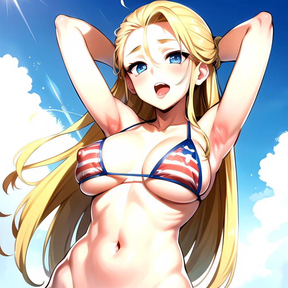 1girl American Flag Bikini Armpits Arms Behind Head Bikini Blonde Hair Blue Eyes Blush Breasts Covered Erect Nipples Flag Print, 3140190302 - AIHentai - #main