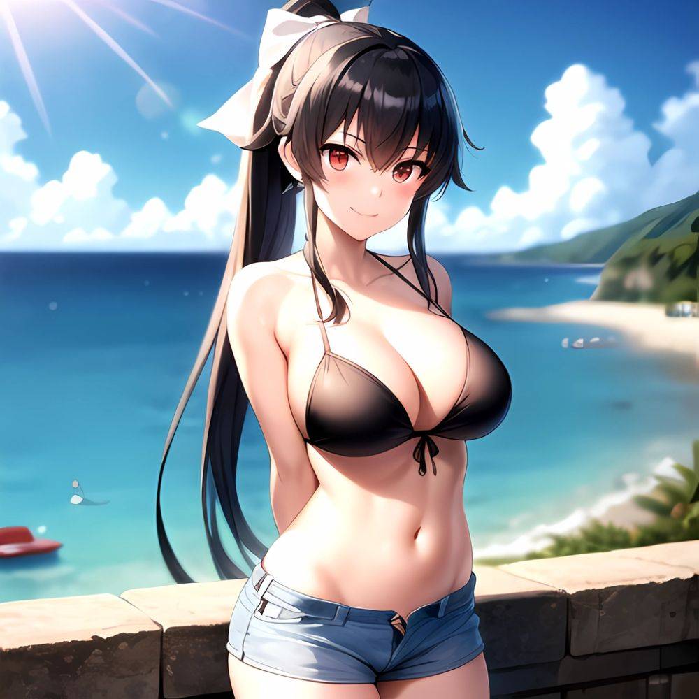 1girl Arms Behind Back Beach Bikini Bikini Under Shorts Black Bikini Black Hair Blurry Blurry Background Breasts Cleavage Closed, 212805732 - AIHentai - #main