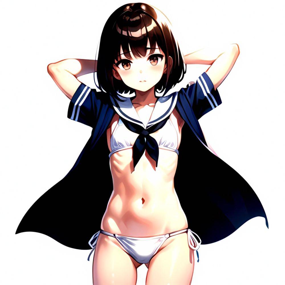 1girl Arms Up Arms Behind Head Bikini Bob Cut Brown Eyes Brown Hair Cosplay Cowboy Shot Flat Chest Headgear Inverted, 3816290805 - AIHentai - #main