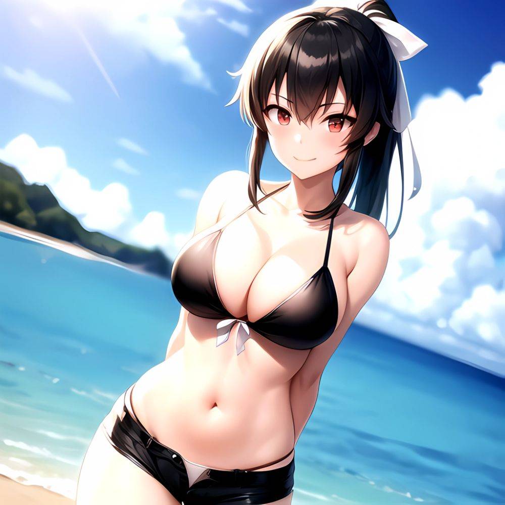 1girl Arms Behind Back Beach Bikini Bikini Under Shorts Black Bikini Black Hair Blurry Blurry Background Breasts Cleavage Closed, 1488053856 - AIHentai - #main