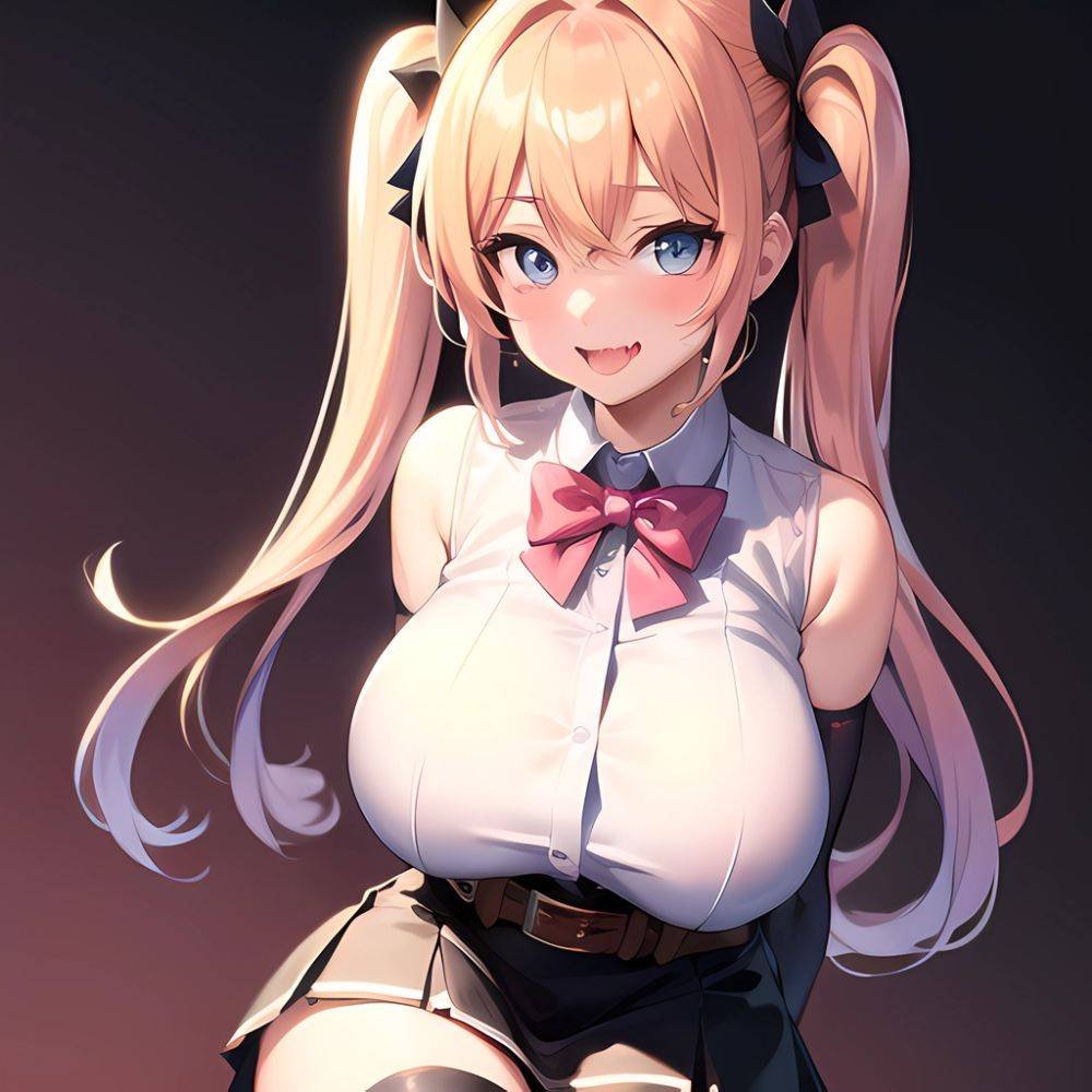 1girl Aymusk Belt Black Skirt Blonde Hair Blue Eyes Blush Bow Bowtie Breasts Curvy Elbow Gloves Fang Gloves Gradient Background, 3583862733 - AIHentai - #main