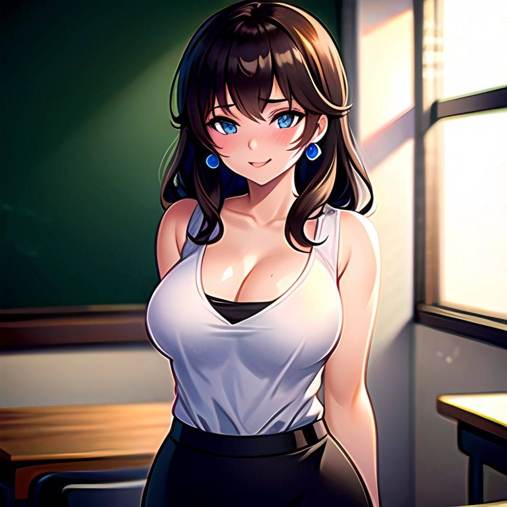 1girl Blue Eyes Blush Breasts Brown Hair Chalkboard Classroom Cleavage Crown Curvy Desk Earrings Hand On Own Hip Highres Jewelry, 2679970776 - AIHentai - #main