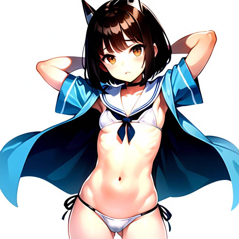 1girl Arms Up Arms Behind Head Bikini Bob Cut Brown Eyes Brown Hair Cosplay Cowboy Shot Flat Chest Headgear Inverted, 180917089 - AIHentai - #main