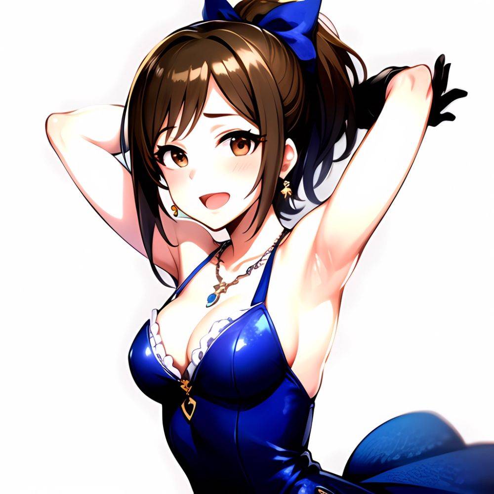 1girl Absurdres Armpits Arms Up Ayase Honoka Black Gloves Blue Bow Blue Dress Blush Bow Breasts Brown Eyes Brown Hair, 436925977 - AIHentai - #main