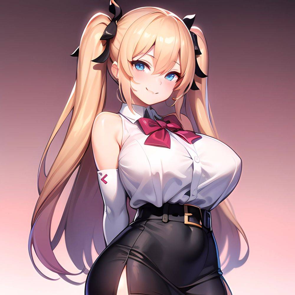 1girl Aymusk Belt Black Skirt Blonde Hair Blue Eyes Blush Bow Bowtie Breasts Curvy Elbow Gloves Fang Gloves Gradient Background, 3076656070 - AIHentai - #main